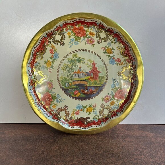 Vintage Daher Decorated Ware Tin Tray 16.25" Round Floral & Asian Scene England - Picture 4 of 16